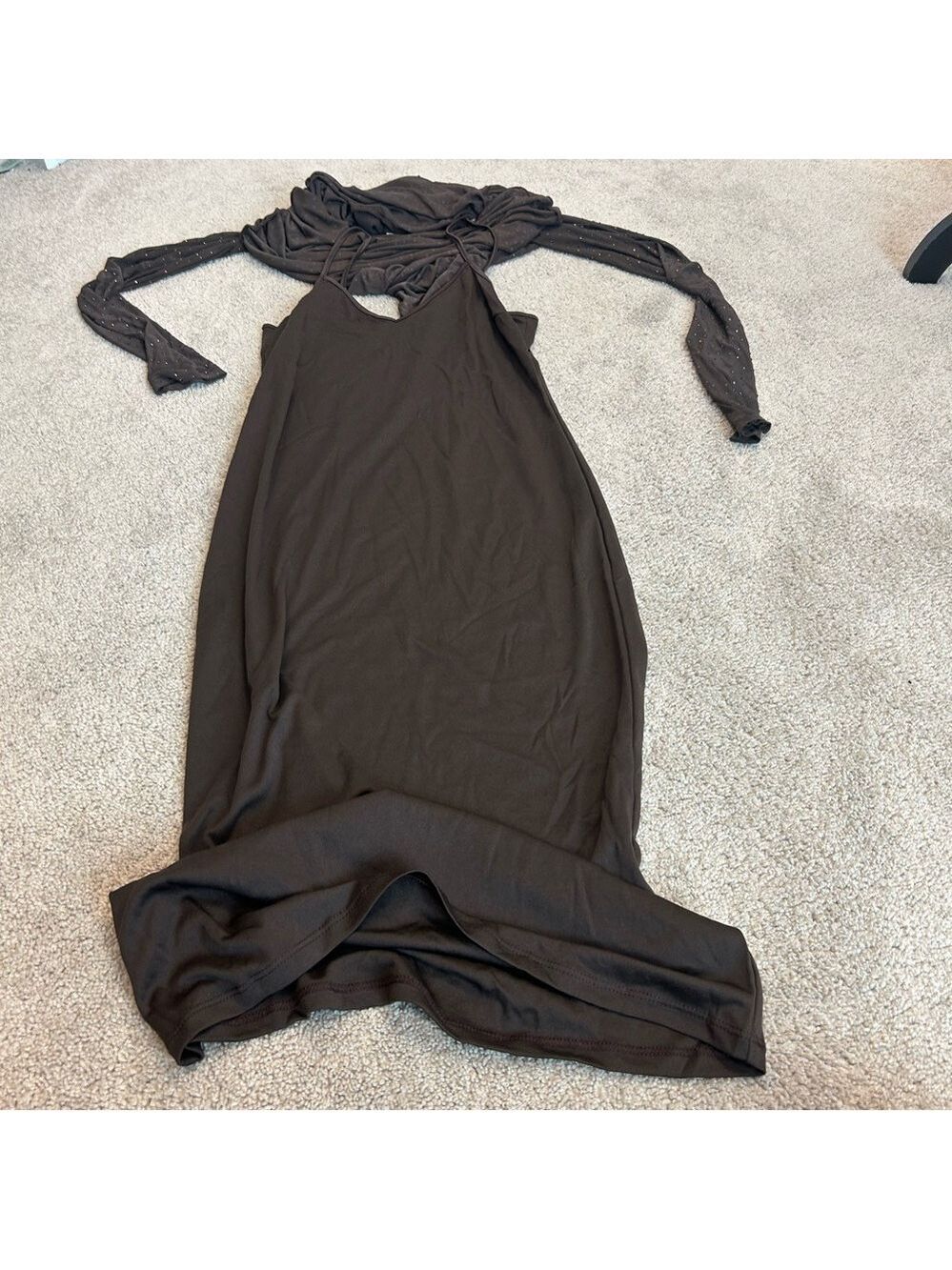 AFRM Los Angeles dark brown Shailene crystal Rhinestone embellished mesh Dress L - Picture 7 of 15